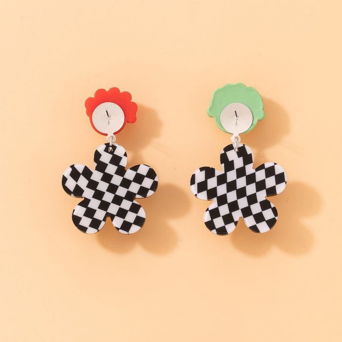 Checkerboard flower earrings cartoon resin human head earrings