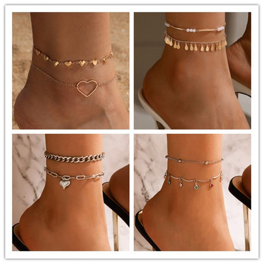 Heart Water Drop Round Pendant Anklet with Rhinestone Round Bead Multi-Layer Chain