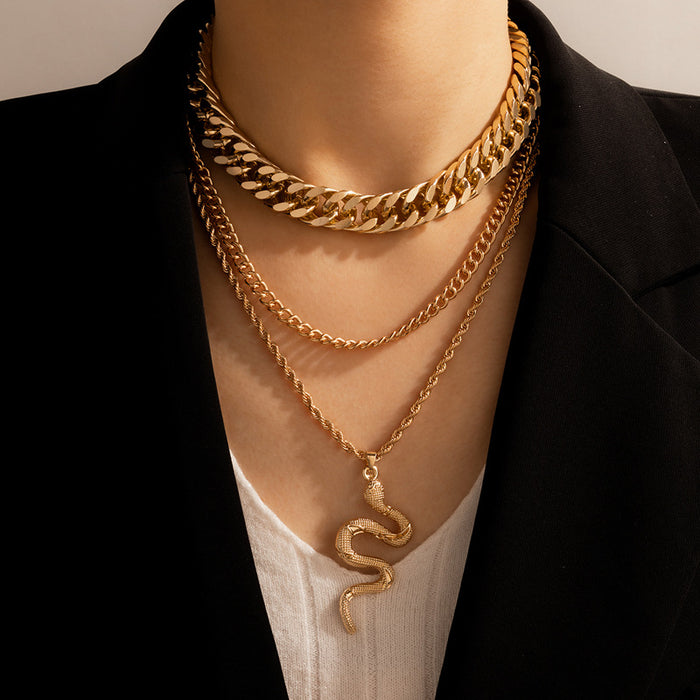 Snake Pendant Multilayer Necklace - Bold Punk Triple-Layer Chain Set