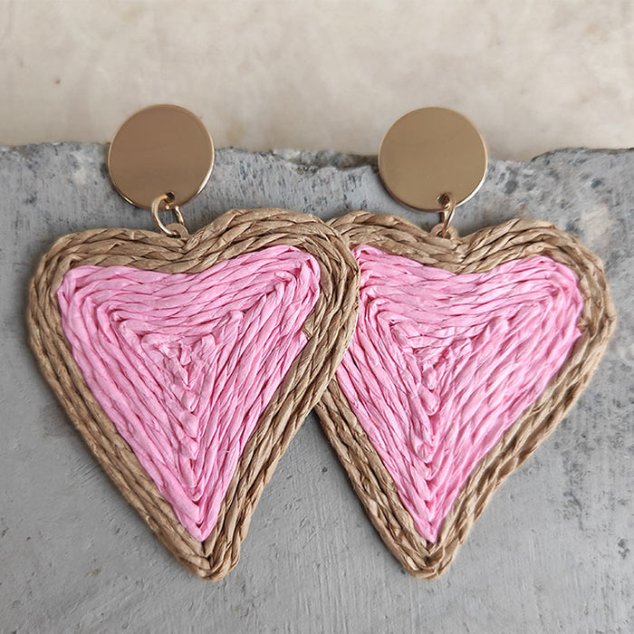 Hot Selling Heart Woven Earrings with Colorful Raffia Grass for Beach Style