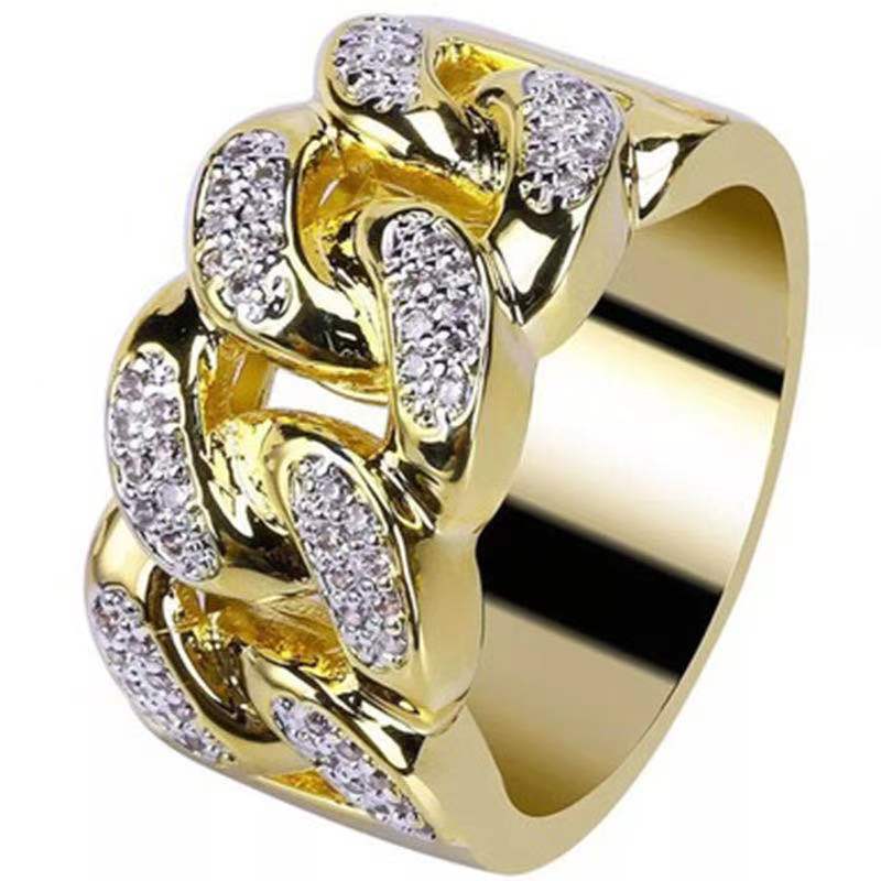 Anillo de cadena creativo con diamantes bañados en oro para hombre, joyería de mano