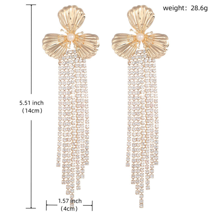 Exaggerated Floral Rhinestone Earrings - Metal Tassel Jewelry for a Bold Look