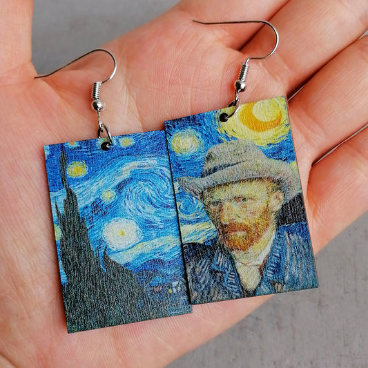 Artistic Asymmetric Earrings with Starry Night and Sunflower Designs