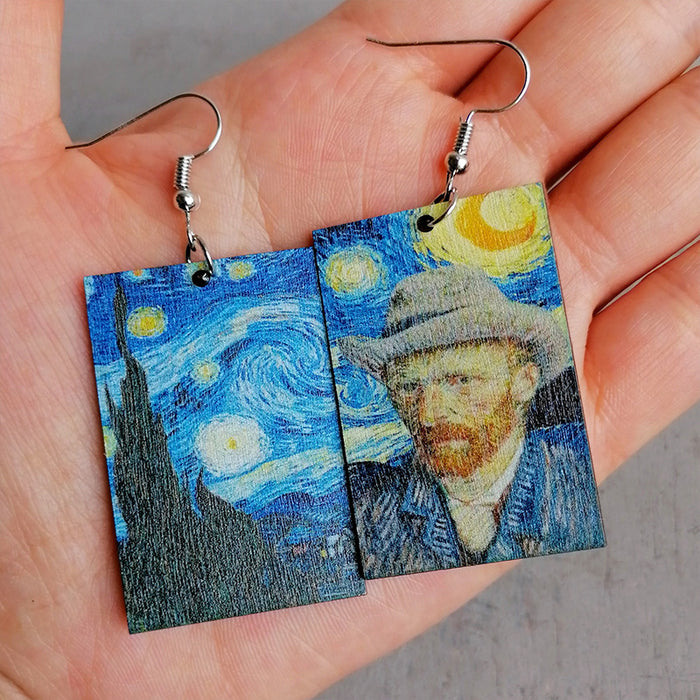 Artistic Asymmetric Earrings with Starry Night and Sunflower Designs