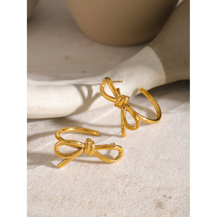 18K Gold Stainless Steel Bow Knot C-Shaped Earrings - Unique Design Titanium Steel Jewelry