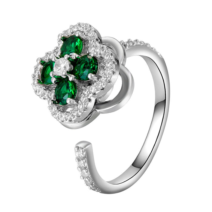 Wholesale copper micro-set green zircon four-leaf clover rotating ring