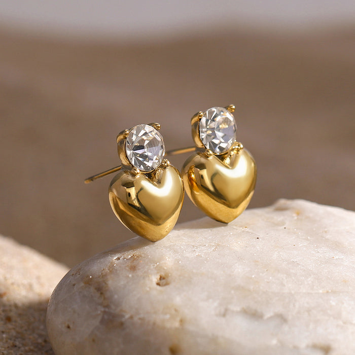 2024 Summer New 18K Gold Stainless Steel Diamond Stud Earrings - Simple Heart Design