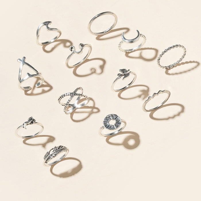 Vintage Moon Feather Geometric Ring 12-Piece Set