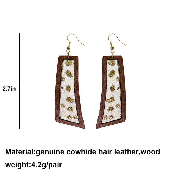 Bohemian Geometric Earrings with Leopard Print and Gold Dots on Cowhide Leather and Wood