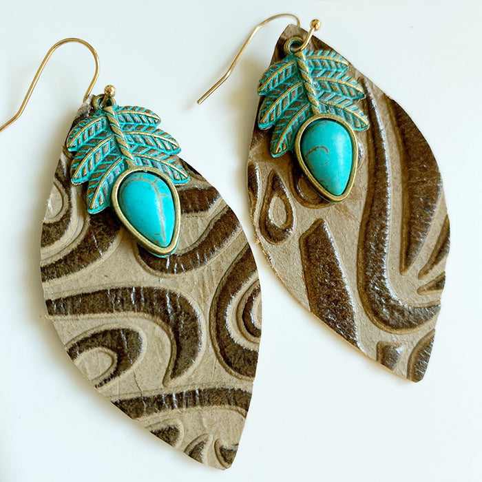 Vintage Embossed Cowhide Earrings with Turquoise and High-Quality Texture