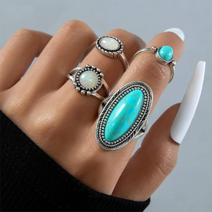 Green Turquoise Gemstone Ring Set - 4pcs Oval Opal Rings