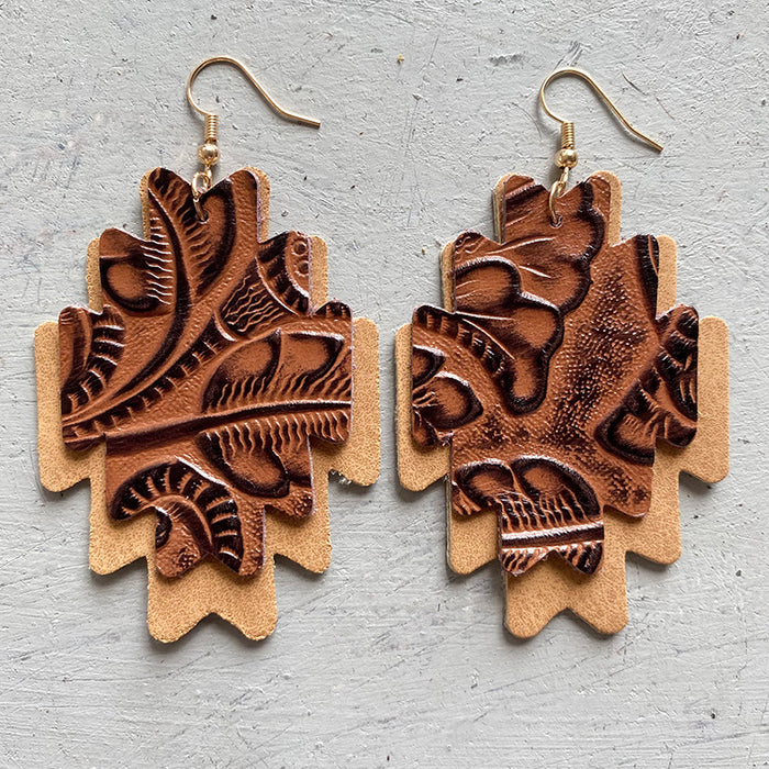 Double Layer Aztec Embossed Leather Earrings with Vintage Style