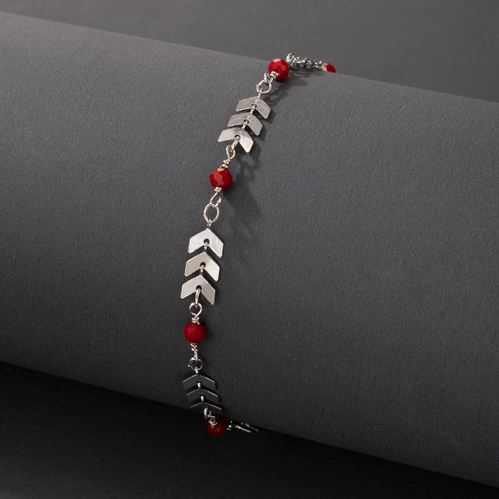 Simple Silver Airplane Chain with Red Seed Bead Single Layer Anklet