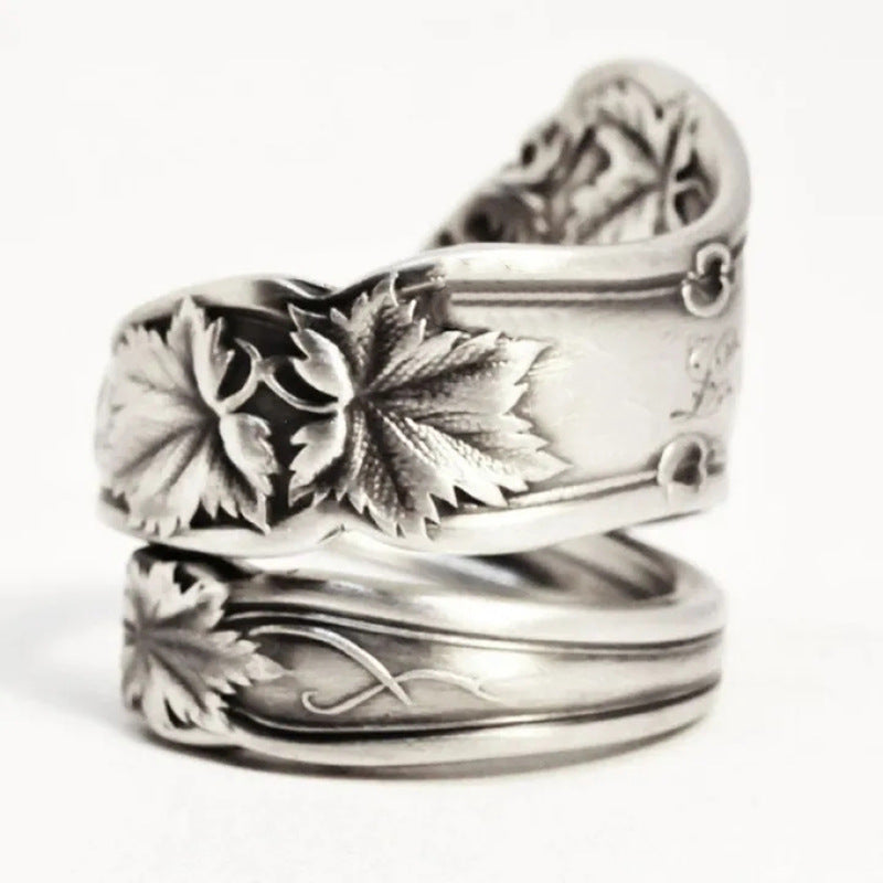 Anillo retro abierto de hoja de arce, estilo antiguo, anillo femenino simple