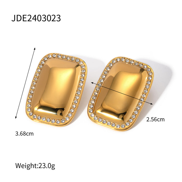 Designer 18K Gold Plated Stainless Steel Rectangular Zircon Inlaid Earrings - High-End Jewelry for Women