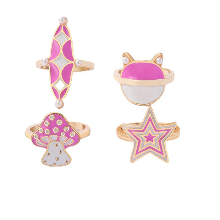 Pink Oil Drop Mushroom Pearl Ring 4-piece Set