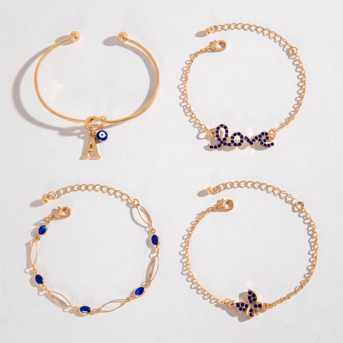 Conjunto de pulseras con letras de amor y ojo malvado con diamantes de imitación de zafiro de moda (cuatro piezas)