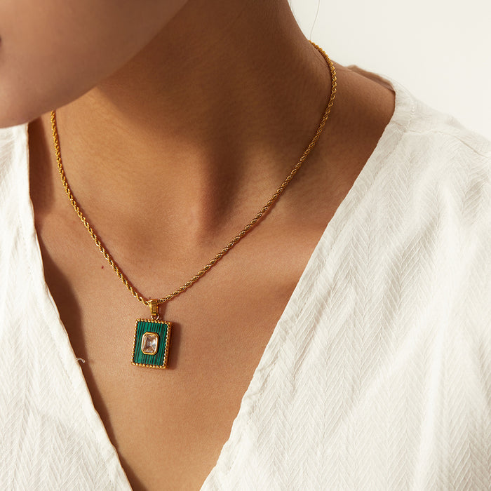 18K Gold-Plated Rectangular Pendant Necklace with Green Tag - Women's Fashion Jewelry