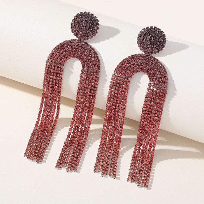 Geometric long tassel gradient colorful rhinestone earrings