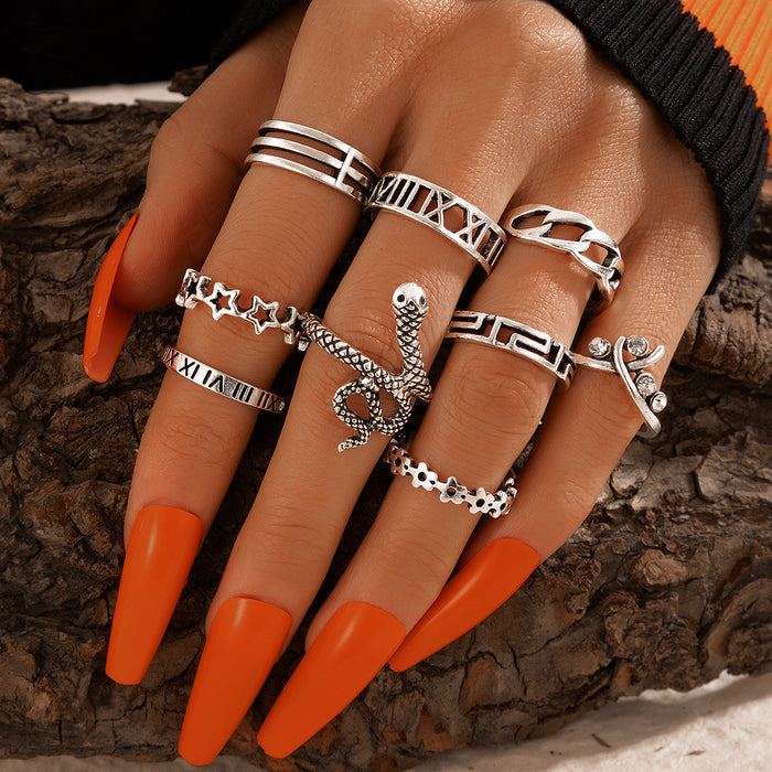 Retro Ethnic Snake Star Rings Set - 9pcs Set