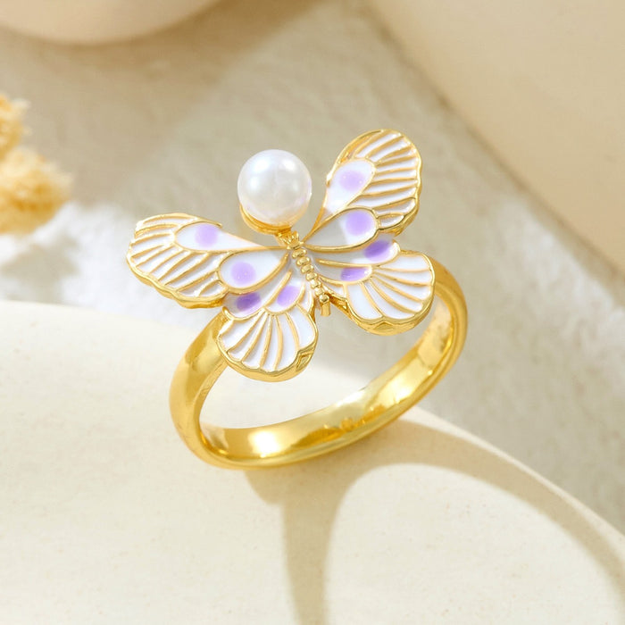 Wholesale copper micro-inlaid pearl enamel painted drop butterfly open ring
