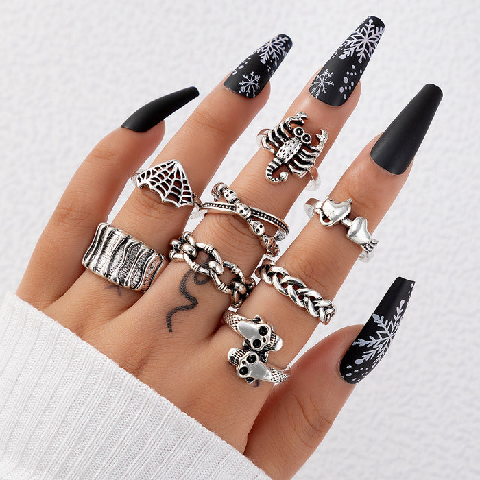 Gothic Skull Ring Set - 8-Piece Animal and Heart Rings for Women