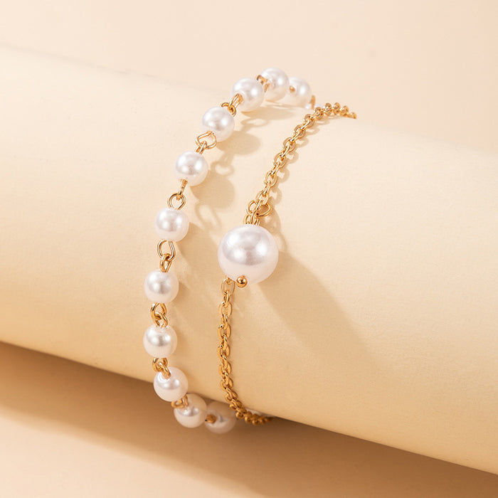 Pearl Double Layer Bracelet - Beaded Chain Multi-Layer Bracelet