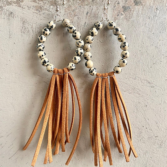 Natural Stone Bead and Leather Tassel Earrings with Western Texas Style