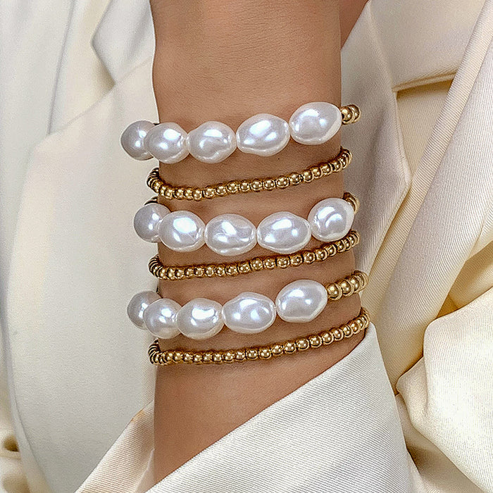 Minimalist Geometric Pearl Bracelet Set - Six-Piece Metal Bangle Stack