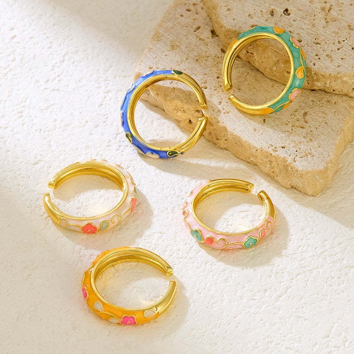 Wholesale enamel colored flower drip glaze open rings