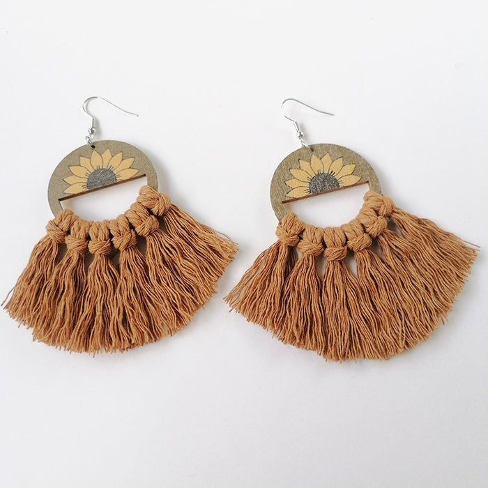 Bohemian Handwoven Cotton Tassel Earrings with Wooden Sunflower Fan Design