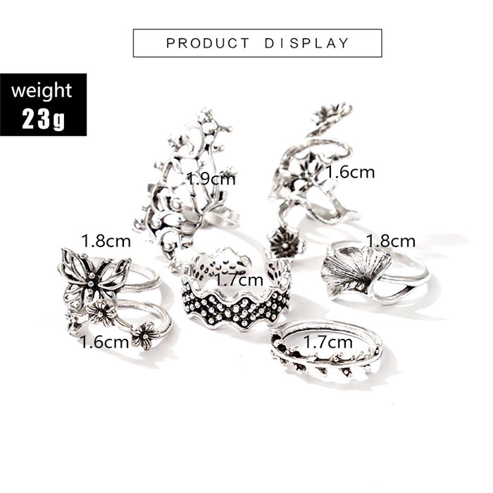 Bohemian style leaf hollow flower butterfly ring 7-piece set