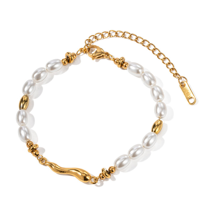 18K Gold Plated Stainless Steel Pearl and Irregular Teardrop Bracelet - Vintage Fashion Jewelry