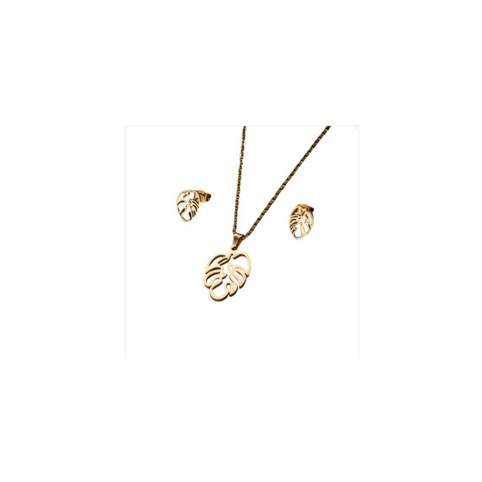 Palm leaf pendant necklace earrings set, Bohemian stainless steel cross-border jewelry wholesale