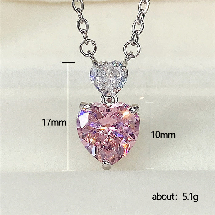 Korean double heart pink diamond women's necklace, cute peach heart zircon small pendant