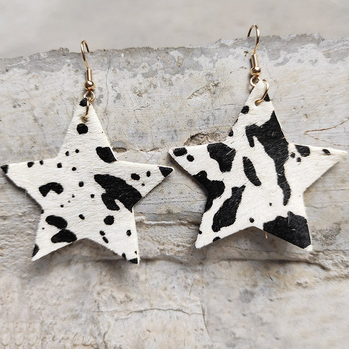 Western Long Hair Leather Star Earrings with Texas Wild Style