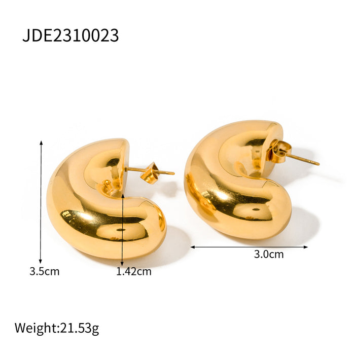 18K Gold Plated Chunky C-Shape Earrings - Stainless Steel Fashionable Gift for Women