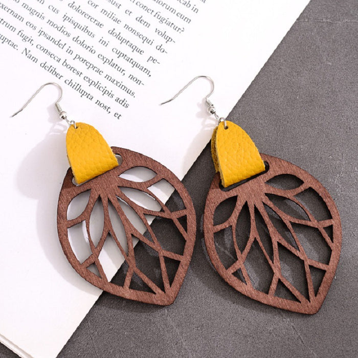 Wooden hollow leaf earrings