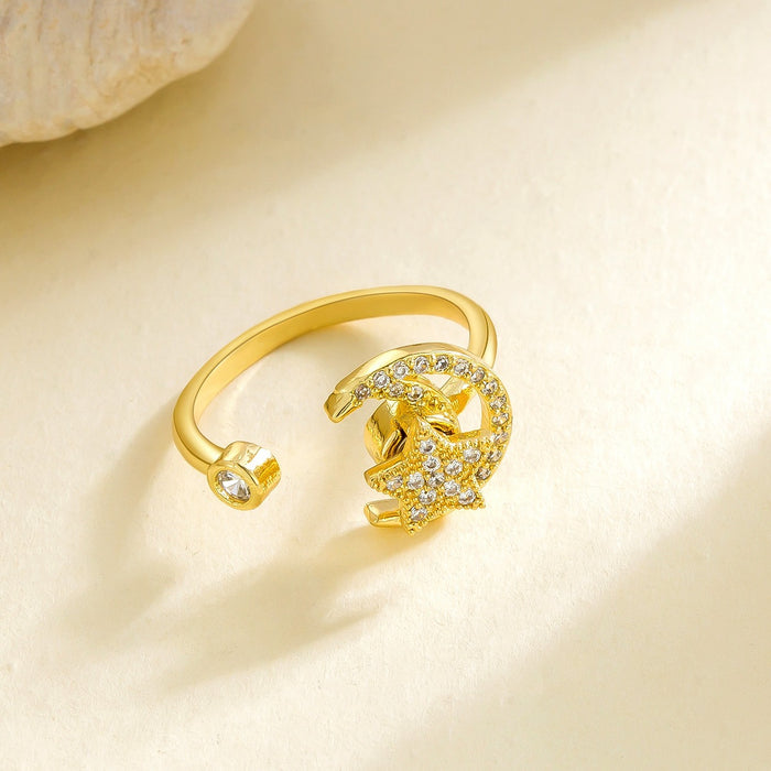 Wholesale copper micro-painted zircon star and moon rotating open ring