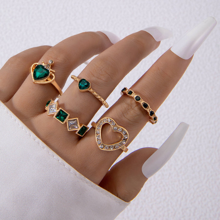 Green Gemstone Heart Ring Set - Small Geometric Five-Piece Set