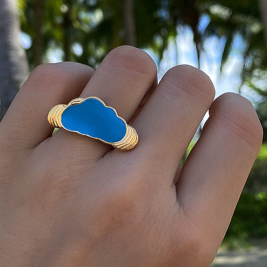 Anillo creativo con forma de nube y gota de aceite azul geométrico de dibujos animados