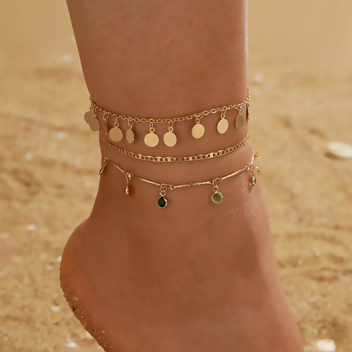 Bohemian Tassel Anklet with Geometric Gold Disc Design