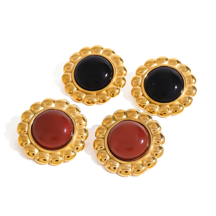 Stainless Steel 18K Gold Flower Black Onyx Earrings Vintage