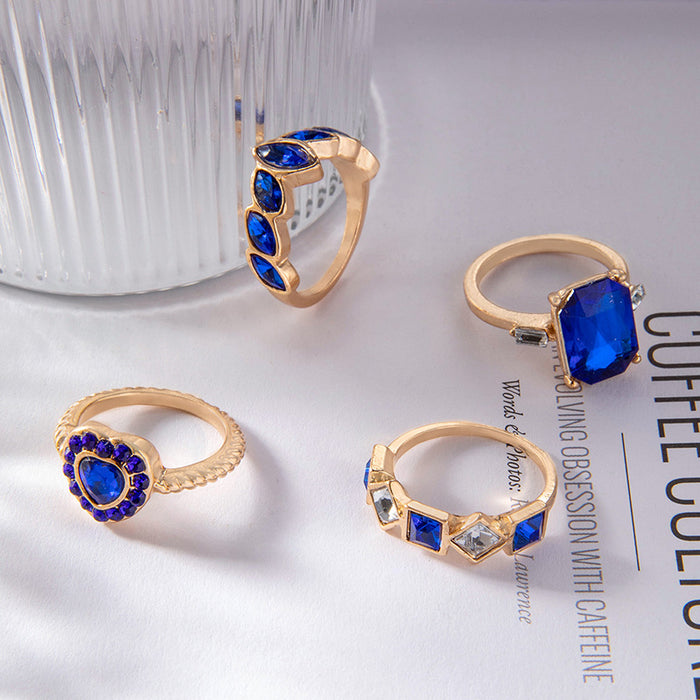 Heart Diamond Imitation Sapphire Leaf Ring Four-piece Set