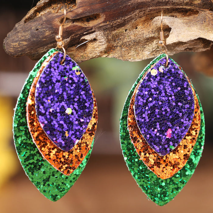 Halloween Glitter Leather Leaf Earrings with Geometric Design