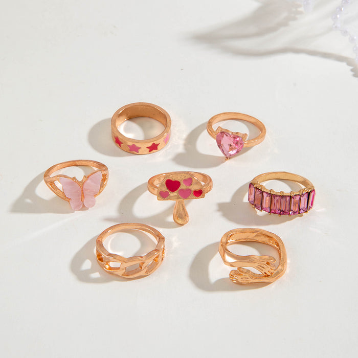 Pink Mushroom and Star Ring Set - 7-Piece Butterfly and Heart Rings for Women