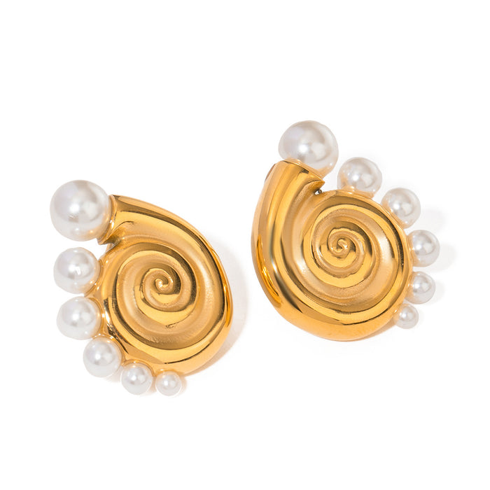 18K Gold Plated Stainless Steel Conch Earrings - Beach Style with Pearl Accent