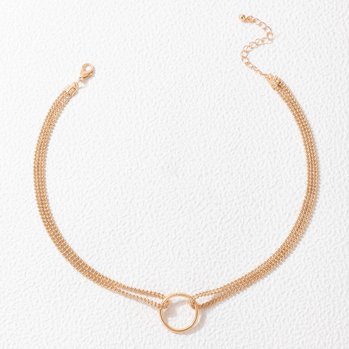 Geometric Round Ring Double Layer Necklace with Minimalist Bead Chain Design