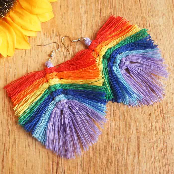 Handwoven Wooden Rainbow Tassel Earrings in a Baroque Style with Colorful Large Pendants