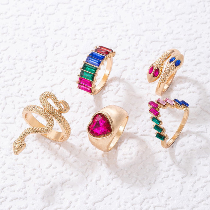 Colorful Heart Snake Crystal Gemstone Ring Set - 5pcs Stylish Rings